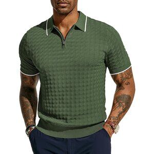 Men's Army Green Knit Polo Shirts Short Sleeve Quarter Zip Polo Shirt
